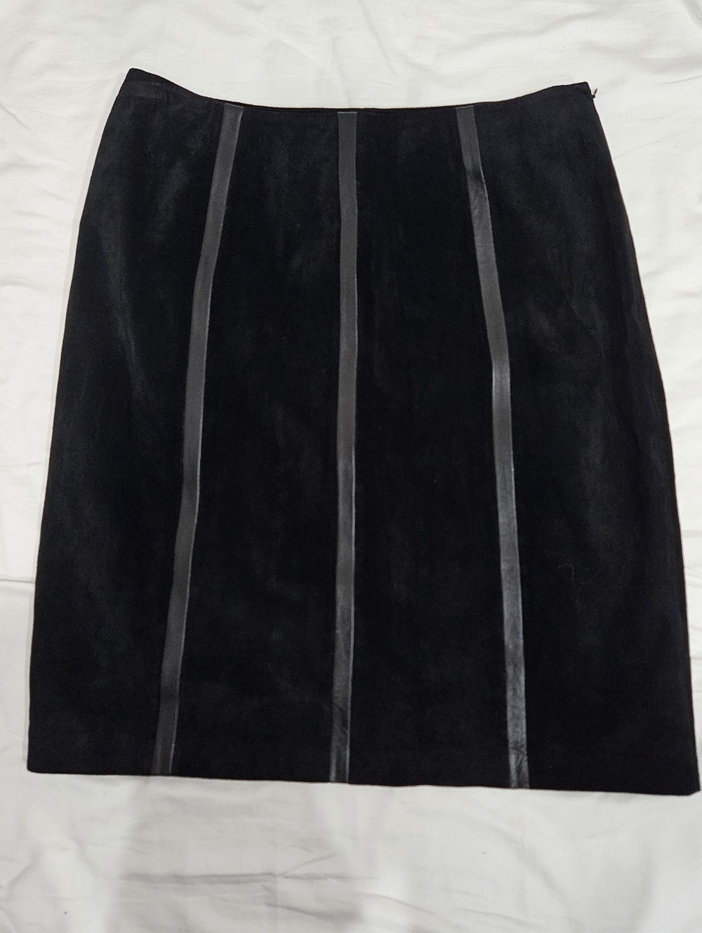 Black Women's Suede Pencil Skirt with Vertical Trim